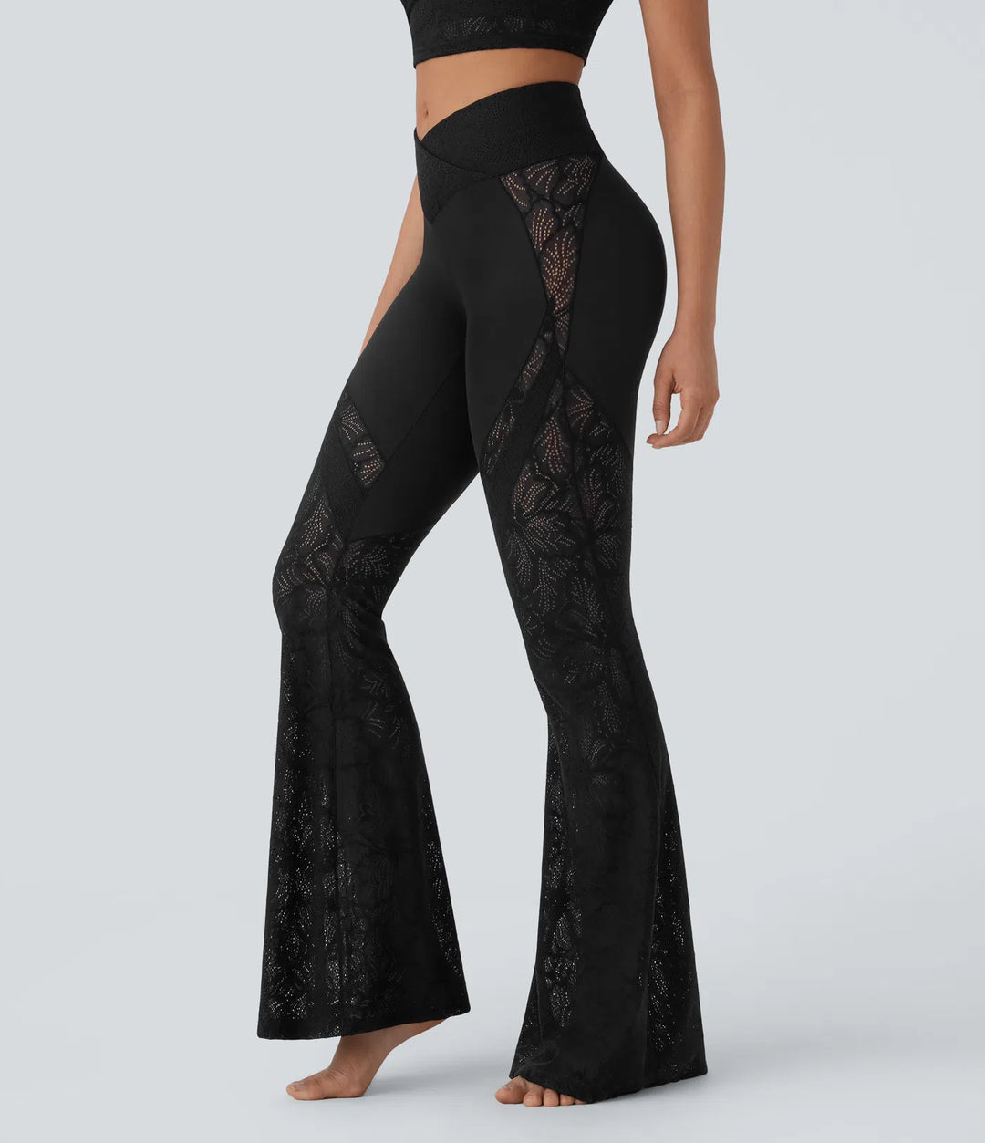 High Waisted Crossover Back Pocket Contrast Lace Flare Yoga Leggings