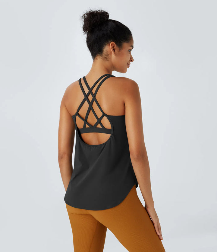 U Neck Backless Crisscross Curved Hem Running Tank Top