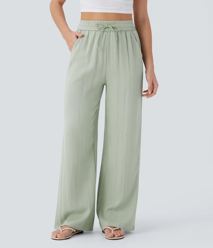 High Waisted Drawstring Side Pocket Wide Leg Casual Linen-Feel Pants
