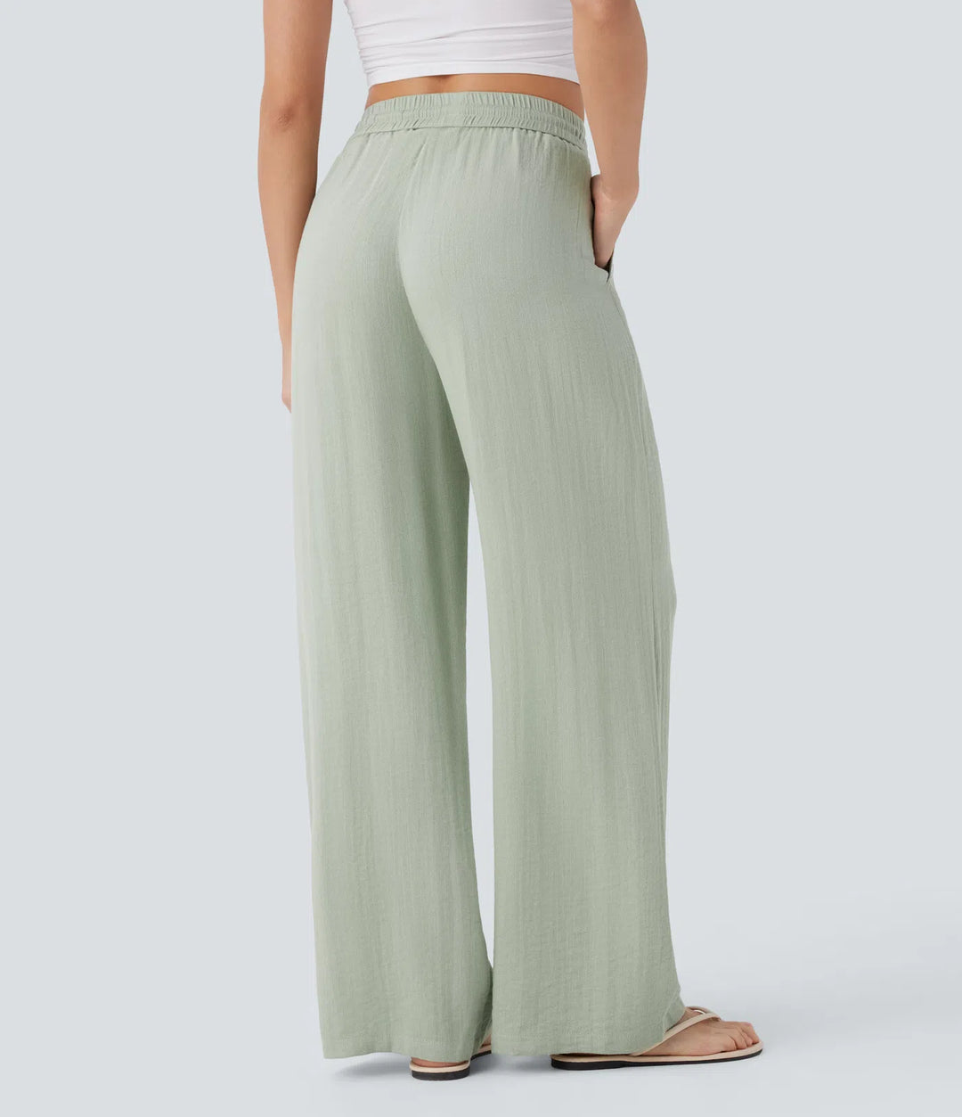 High Waisted Drawstring Side Pocket Wide Leg Casual Linen-Feel Pants