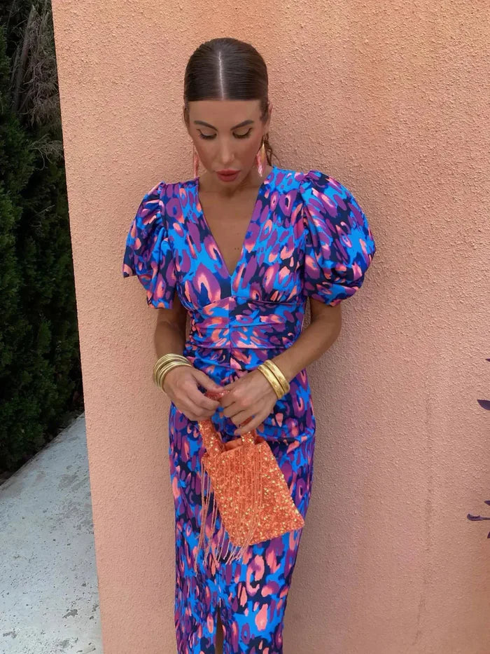Bold Abstract Print Midi Dress with Pleated Sleeves