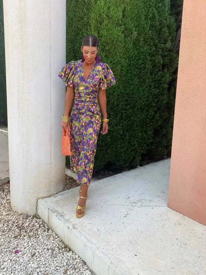 Bold Abstract Print Midi Dress with Pleated Sleeves