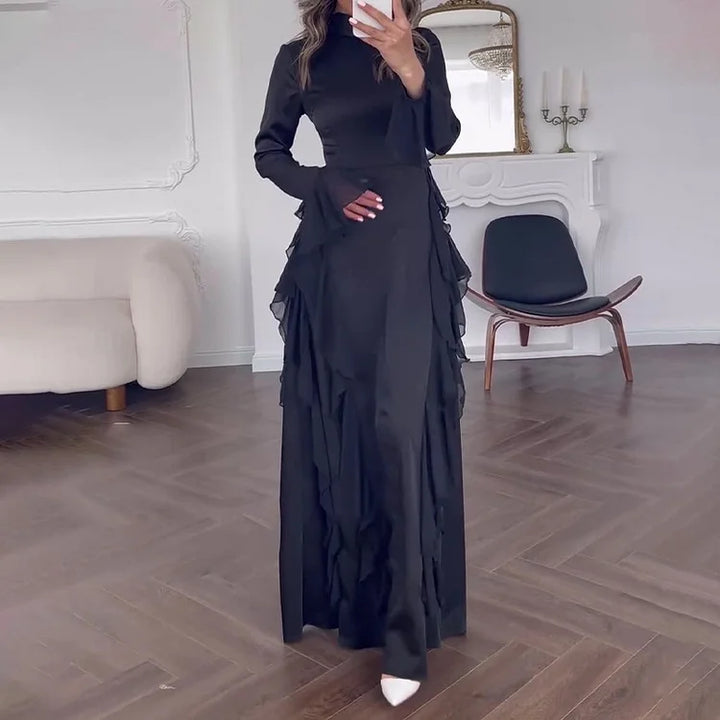 Mock Neck Bell Sleeve Patchwork Maxi Dress