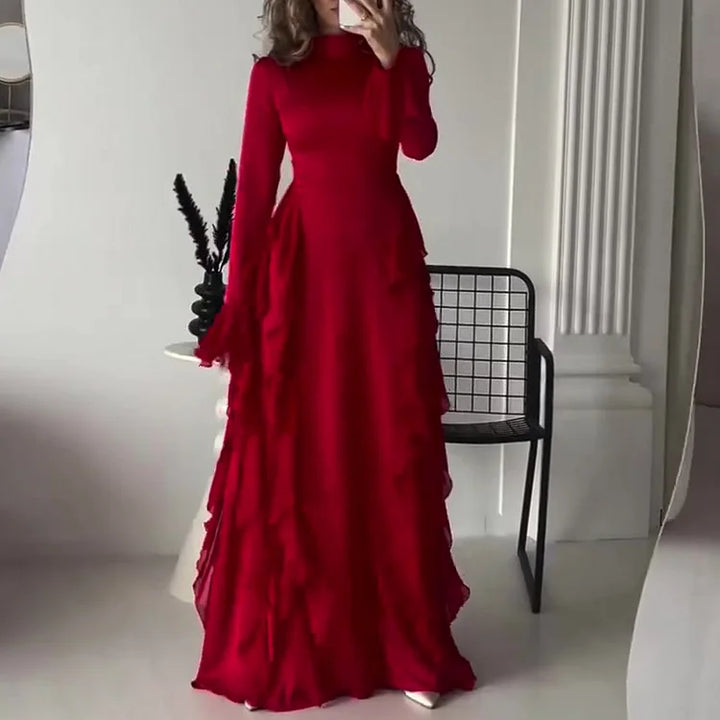 Mock Neck Bell Sleeve Patchwork Maxi Dress