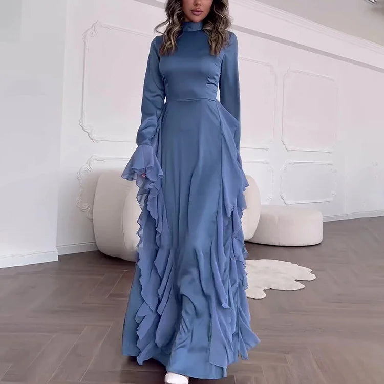 Mock Neck Bell Sleeve Patchwork Maxi Dress