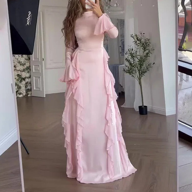 Mock Neck Bell Sleeve Patchwork Maxi Dress
