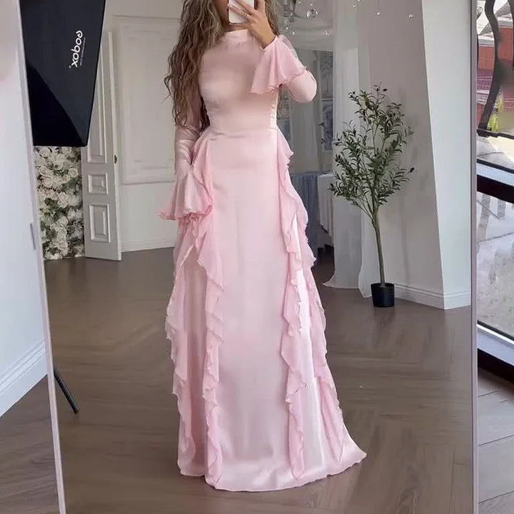 Mock Neck Bell Sleeve Patchwork Maxi Dress