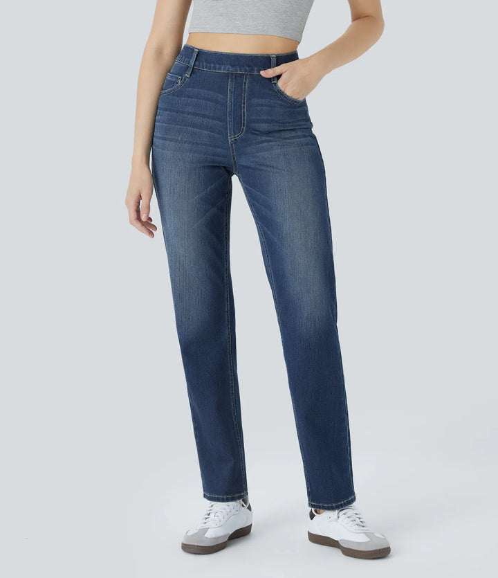High Waisted Pockets Straight Leg Casual Jeans