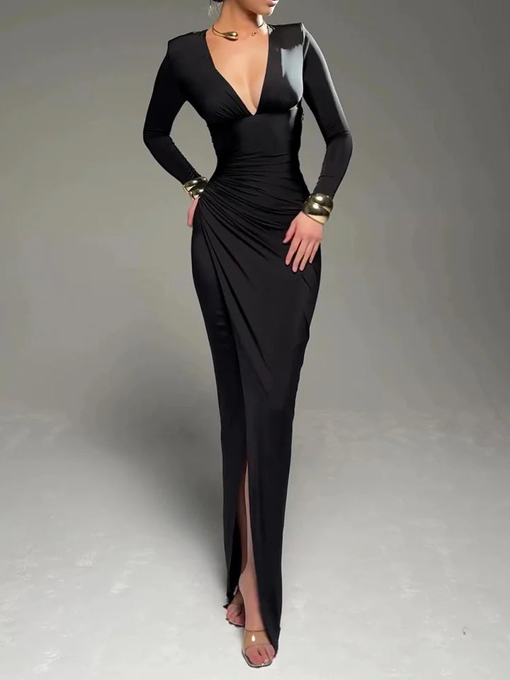 Sophisticated Black Evening Dress-Long Sleeve Deep V Pleated