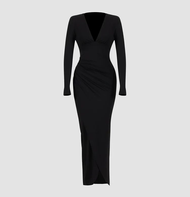 Sophisticated Black Evening Dress-Long Sleeve Deep V Pleated