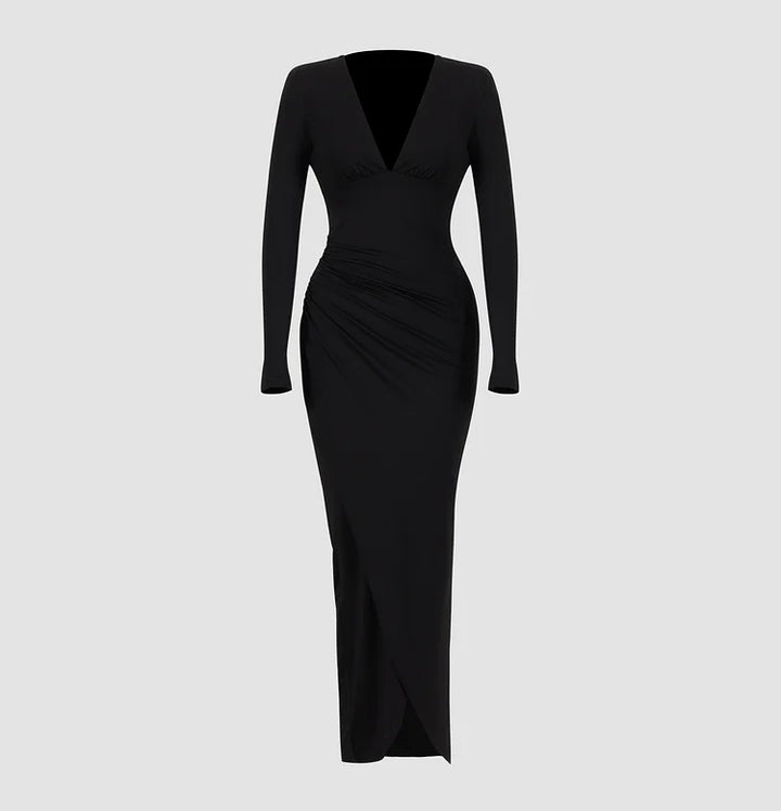 Sophisticated Black Evening Dress-Long Sleeve Deep V Pleated