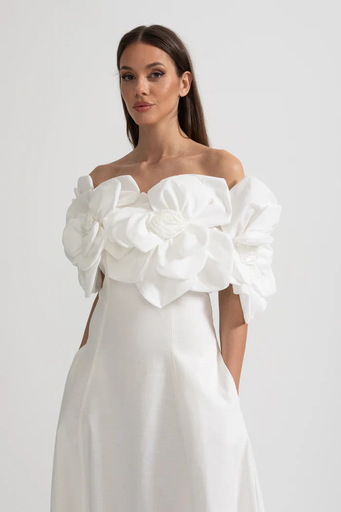Off-Shoulder Midi Dress With Large Fabric Floral Accents