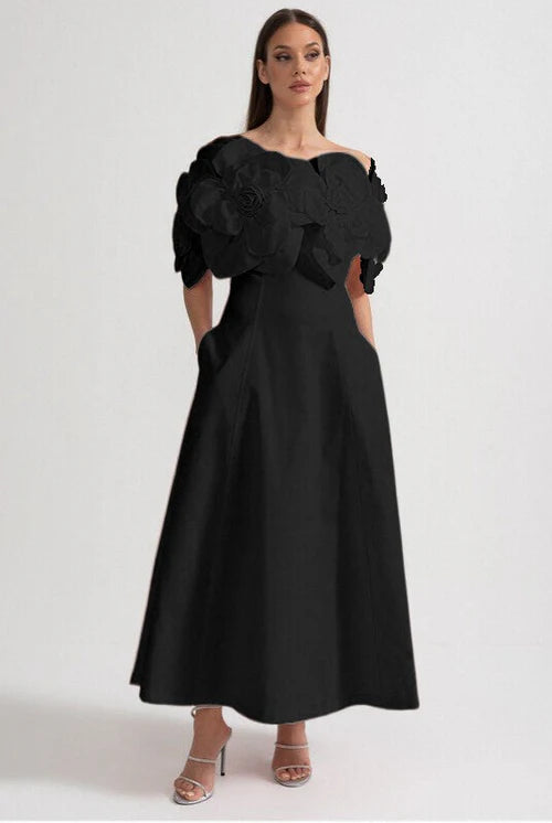 Off-Shoulder Midi Dress With Large Fabric Floral Accents