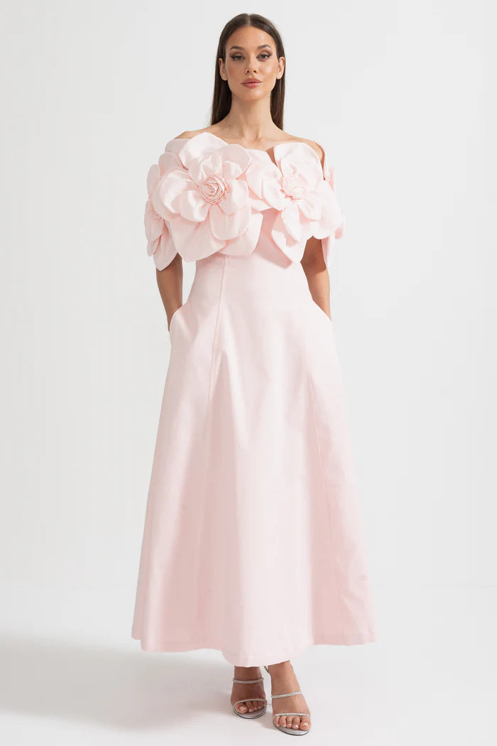 Off-Shoulder Midi Dress With Large Fabric Floral Accents